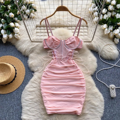 Ins Sexy Hollow Out Sling Dress with Exposed Waist Bandage Pleated Slim Fit Bodyocn Girl's Photo Date Short Dress