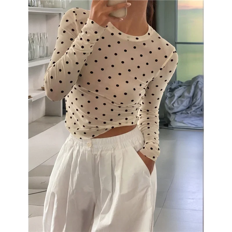 ABRT-Women's Round Neck Polka Dot Perspective Mesh Slim Fit Long Sleeve Shirt