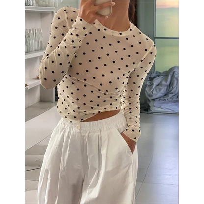 ABRT-Women's Round Neck Polka Dot Perspective Mesh Slim Fit Long Sleeve Shirt