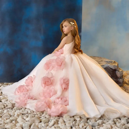 Customized Flower Girl Dress Pink Tulle Flowers Single Shoulder For Wedding Birthday Party Holy Communion Banquet Princess Gown