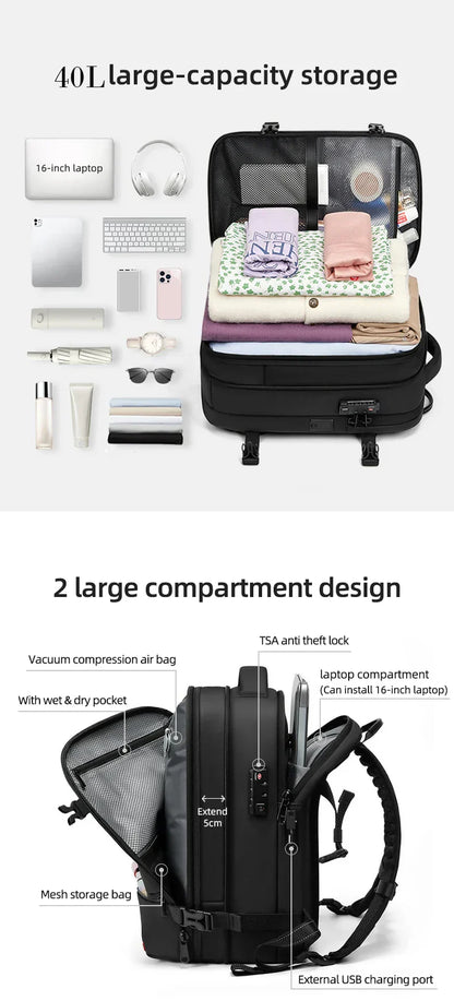 Travel casual Backpack 16 inch vacuum compression Laptop Backpack USB charging school Backpack Extended Hiking Business backpack
