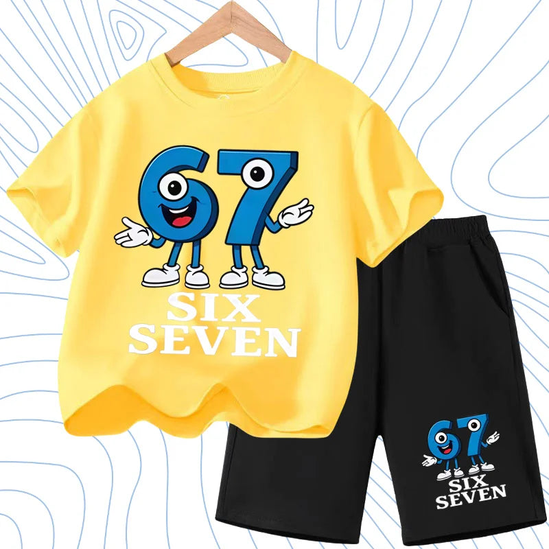 New 67 Number Six Seven Print Kids Cool Summer T-shirt 3-12Yrs Clothes Cartoon Short-sleeved+Shorts Boys Girls Sports Casual Set