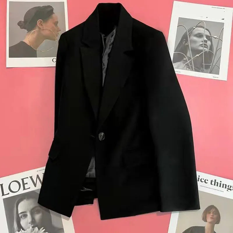 Women Fashion Single Button Blazer Vintage with Pockets Notched Neck Jacket Female Loose Version Long Sleeves Suit Outwear Tops
