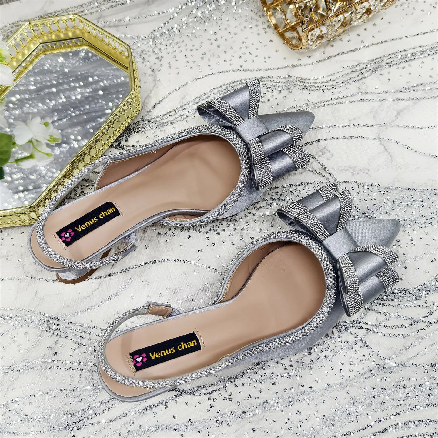Elegant Gold Satin Rhinestone Bow Slingback Heel & Clutch Bag Set, Women Bridal Matching Kit For Wedding Party Evening Prom Form