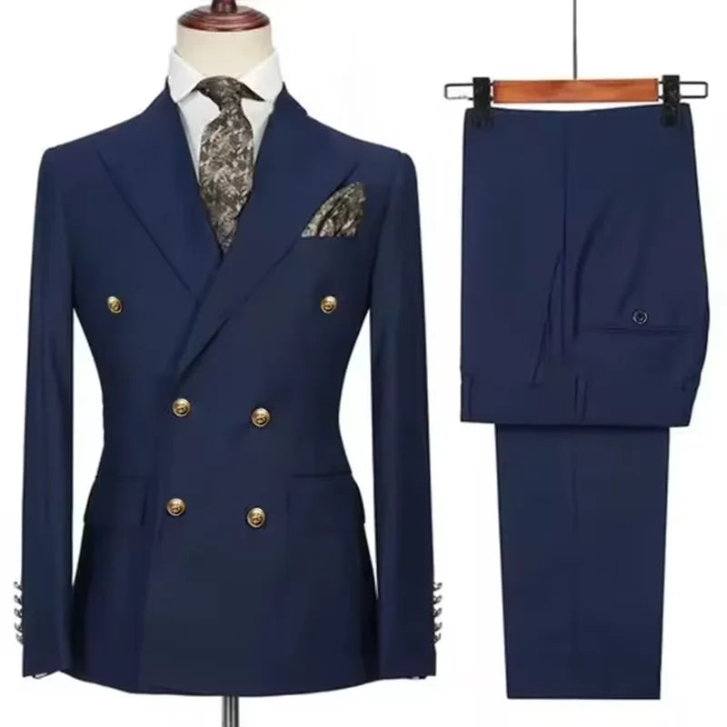 2025 New Men's 2 Piece(Jacket+Pants)Double Breasted Slim Fit Elegant Suit Wedding Groom Business Banquet Tailor-made