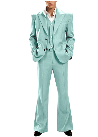 Vintage Men's 3 Piece Suit Set Peak Lapel Slim Fit 2 Button Double Breasted Blazer Vest Flared Pants for Formal Business Wedding