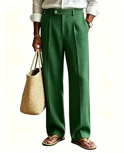 Men's Linen Summer Beach Trousers Casual Dress Pants Elastic Waist Pleated Loose Fit Lightweight Yoga Vacation Lounge Pants