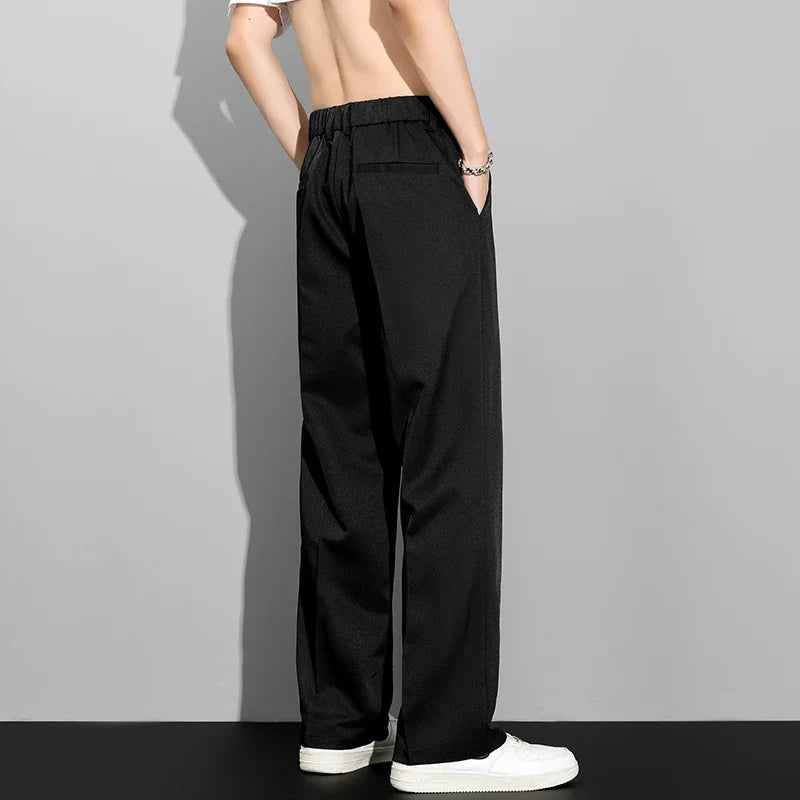 Men's 2026 Summer Korean Style Loose Straight Leg Draping Lightweight Casual Pants Slacks Khaki Dark Gray Black Trousers Male