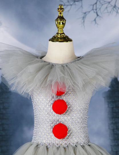Gray Joker Girls Halloween LED Light Up Costume Tutu Dress Creepy Clown Kids Tulle Dress Carnival Party Cosplay Clothing 2-12Y