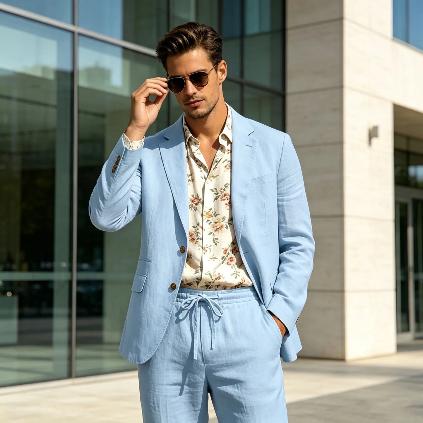 Men's Linen Suit 2 Piece Set Blazer & Drawstring Pants Business Casual Suit Jacket Trousers Summer Beach Wedding Formal Outfit