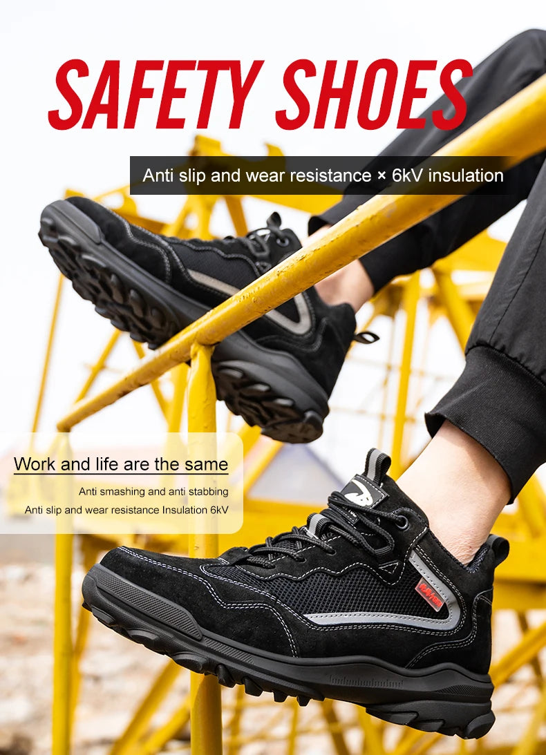 Reflective Strip Design Safety Work Shoes For Men Cow Suede Leather Indestructible Construction Boots Steel Toe Male Footwear