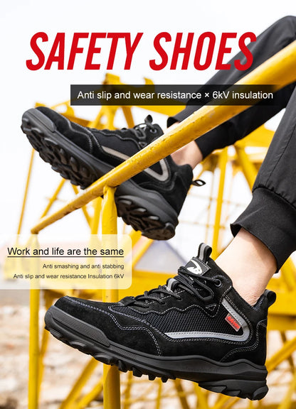 Reflective Strip Design Safety Work Shoes For Men Cow Suede Leather Indestructible Construction Boots Steel Toe Male Footwear