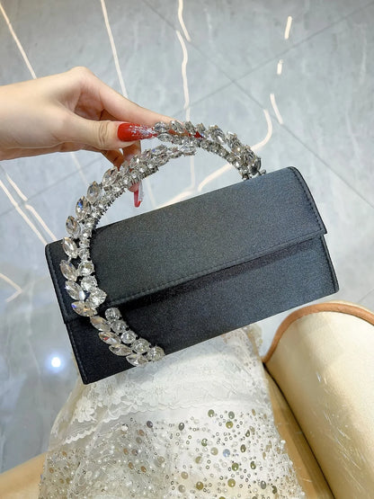Luxury Satin Metal Handheld Women Handbag Crystal Shiny Rhinestones Diamond Evening Bags Wedding Party Clutch Purse Shoulder Bag