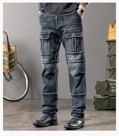 Autumn and winter new styles Men's Outdoor Wide Leg Workwear Multi-Pocket Jeans Straight fit plus size men's jeans  42 44
