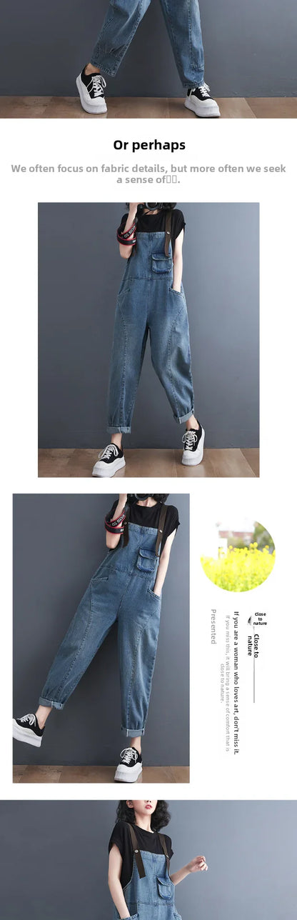 Loose Women's Denim Overalls Faionable Spring Summer High Waist Long Pants Thermal Properties Deep Color Korean Sle