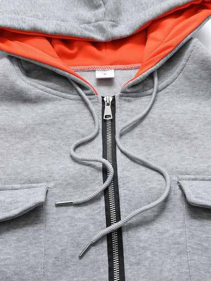 Spring Autumn New Men's Multi Pocket Hoodie with Velvet Casual Zipper Hoodie Fashion Sports Street Top Jacket for Men