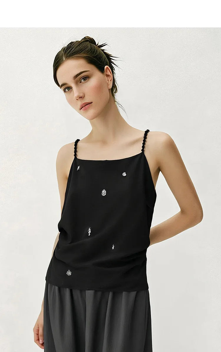 Women's Camisole 2026 Summer New Metal Detail Linen Blend Spaghetti Strap Loose Casual Sleeveless Tank Top Women 12642102