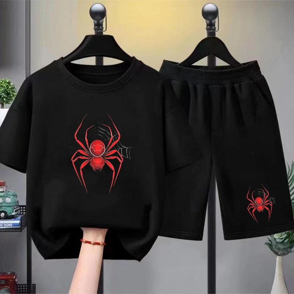 Red Spider Kids Summer T-shirt+Shorts Boy black Girl pink Round Neck Short-sleeved Toddler age 3-12 Casual loose Set print