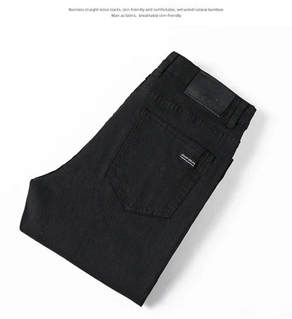 Men's Pure Black Slim Jeans Elastic Straight Pants Business Fashion Leisure Korean Vintage Skinny Small Feet Denim Pants Male