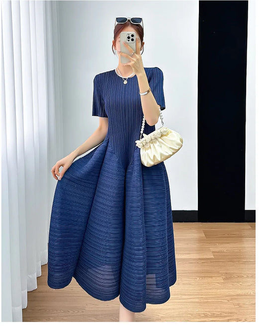 Miyake Y2k Pleated Women's Dress Bubble Short-sleeved Loose Slim Thin Medium-length Dresses for Women 2024 Summer New