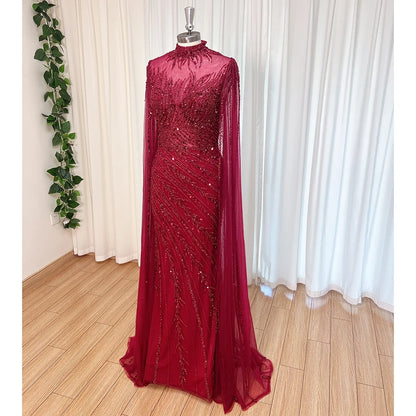Luxury Beaded Evening Dress Cape Sleeve Dubai Sheer Neck Mermaid Formal Prom Wedding Party Gown Customized 2026