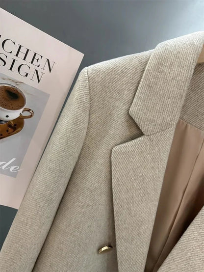 Fashion Woolen Suit Jacket Women's Vintage Blazers Double-breasted Office Coat Female Casual Outerwear Spring Autumn Streetwear