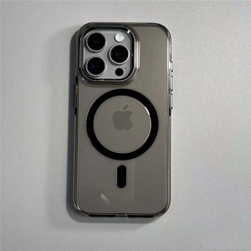 Transparent Wireless Charging for Magsafe Case for iPhone 16 15Pro 14 16Pro Max Alloy Lens Clear Shockproof Hard Armor Cover
