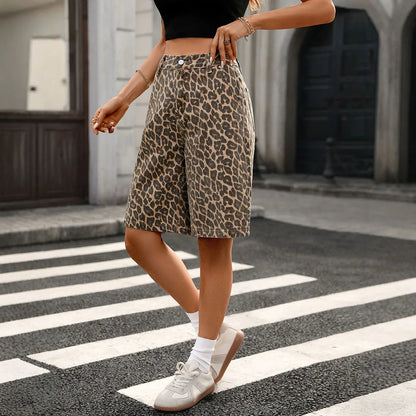 Summer New Leopard Print Denim Shorts for Women American Retro High Waist Knee-Length Shorts Fashionable Casual Jean Shorts