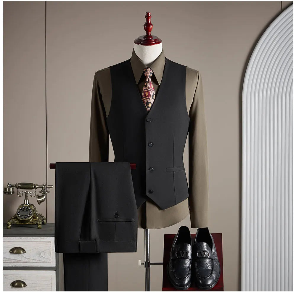 High-End Wool Suit Set for Men, Fashionable and Stylish Business Casual Three-Piece Suit, Tencel Suit, Groom's Wedding Dress