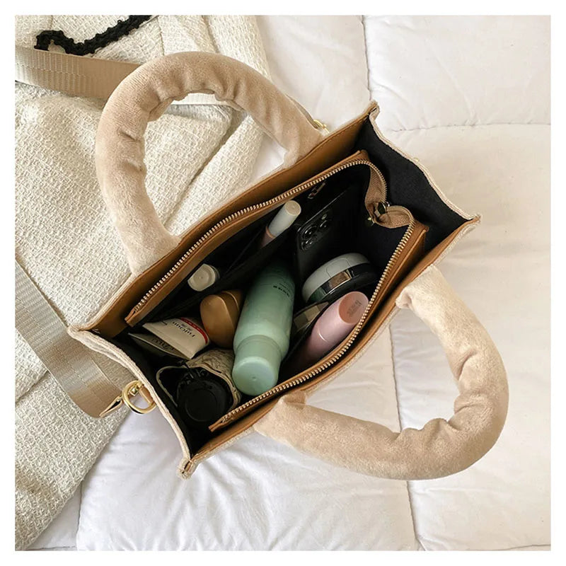 Women's Khaki Velour Tote Bag Original Letter Print Medium Ladies Shopper Handbag Female Square Medium Shoulder Bags