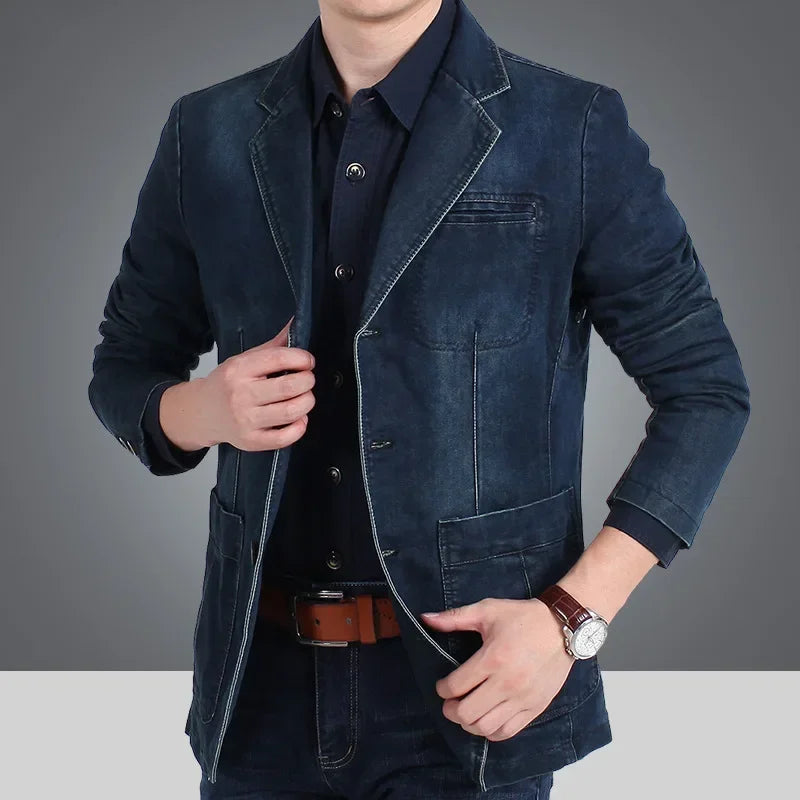 Blazer Men's Fashion Gentleman Business Retro Versatile Trendy Wedding Professional Casual Solid-color Host Cotton Denim Blazer