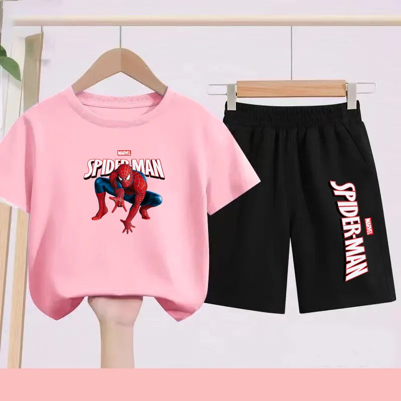 2026 Children's Sports Outfit with Spider Pattern Cartoon Print - T-shirt + Shorts Set, Suitable for Children Aged 3 To 13.