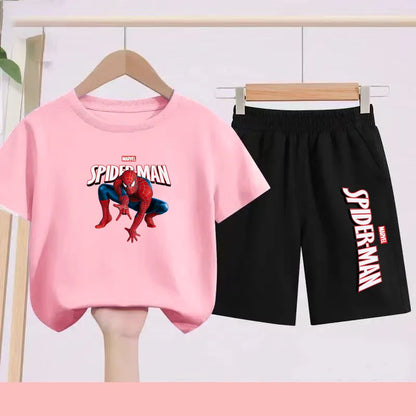 2026 Children's Sports Outfit with Spider Pattern Cartoon Print - T-shirt + Shorts Set, Suitable for Children Aged 3 To 13.