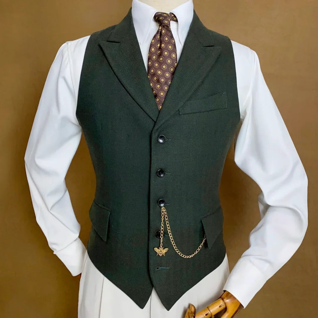 Men Vest Mossy Green Herringbone With Lapel Single Button Waistcoat For Wedding Party Business Work Daily Casual Men Suit Vest