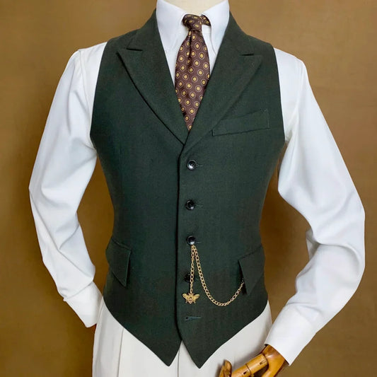 Men Vest Mossy Green Herringbone With Lapel Single Button Waistcoat For Wedding Party Business Work Daily Casual Men Suit Vest