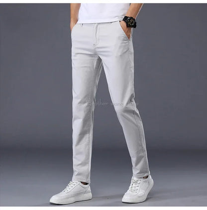 Summer Thin Men's Casual Pants Cotton 7 Colors Classic Style Elastic Straight Slim Fit Business Fashion Long Trousers Male