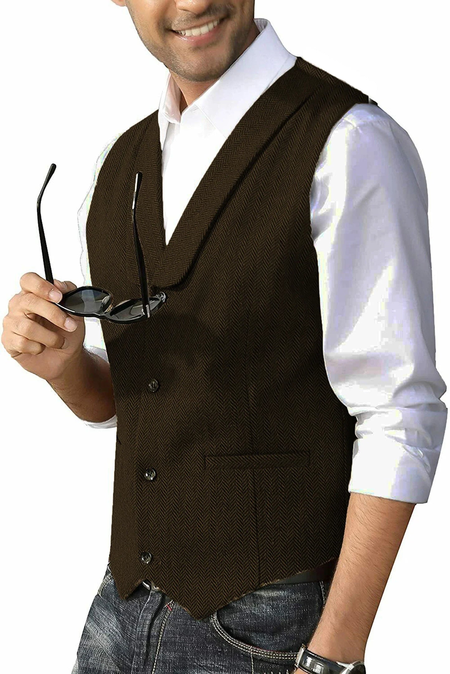 Men's Casual Suit Vest Shawl Lapel Wool Tweed Herringbone Dress Waistcoat for Wedding Party Dinner Herringbone Vests