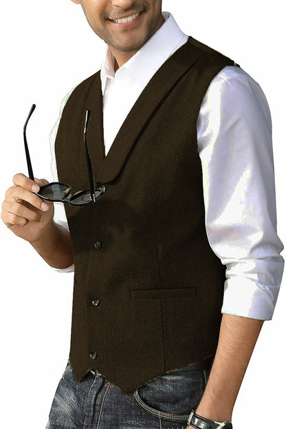 Men's Casual Suit Vest Shawl Lapel Wool Tweed Herringbone Dress Waistcoat for Wedding Party Dinner Herringbone Vests