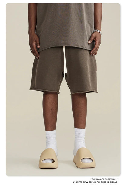 New Summer Men Retro Washed Shorts Unisex Drawstring Loose Edge 420gsm Solid Knee Length Cotton Pants Streetwears HY0589