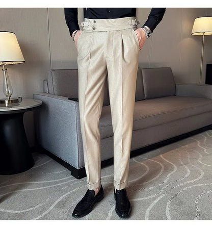 British Style Naples Solid Color High Waist Suit Pants High Quality Men Formal Business Social Party Wedding Casual Trousers