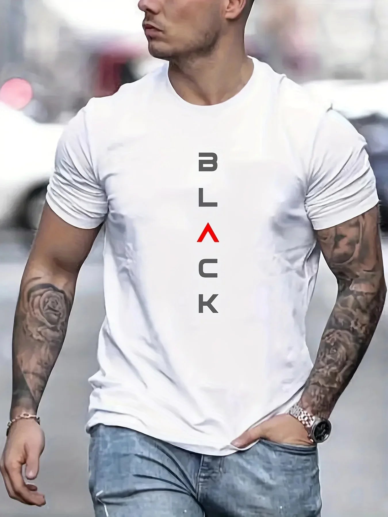 Men's Summer Casual Loose Size 100% Cotton Black Print Round Neck Short Sleeve T-shirt Top