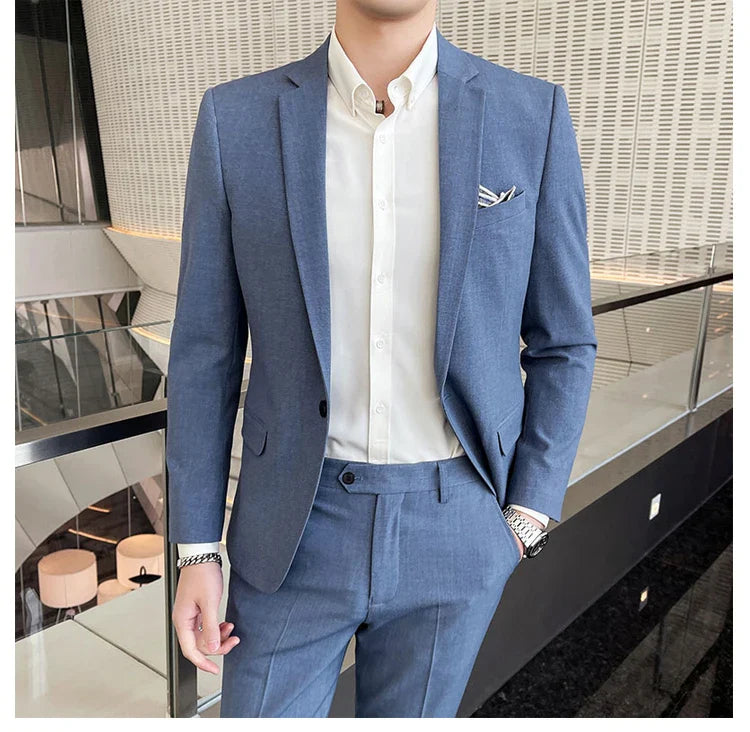Men's Stylish Handsome Solid Color Suit Two-Piece Set M-4XL High Quality Formal Casual Banquet Fit Trousers Included