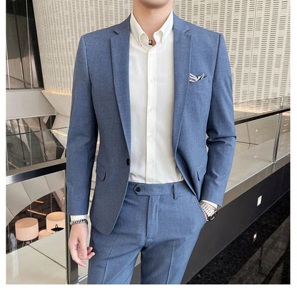 Men's Stylish Handsome Solid Color Suit Two-Piece Set M-4XL High Quality Formal Casual Banquet Fit Trousers Included