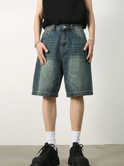 Summer Retro Washed Distressed Baggy Jorts Men's High Street Fashion Straight Jeans Shorts Y2K Casual Blue Denim Short Pants