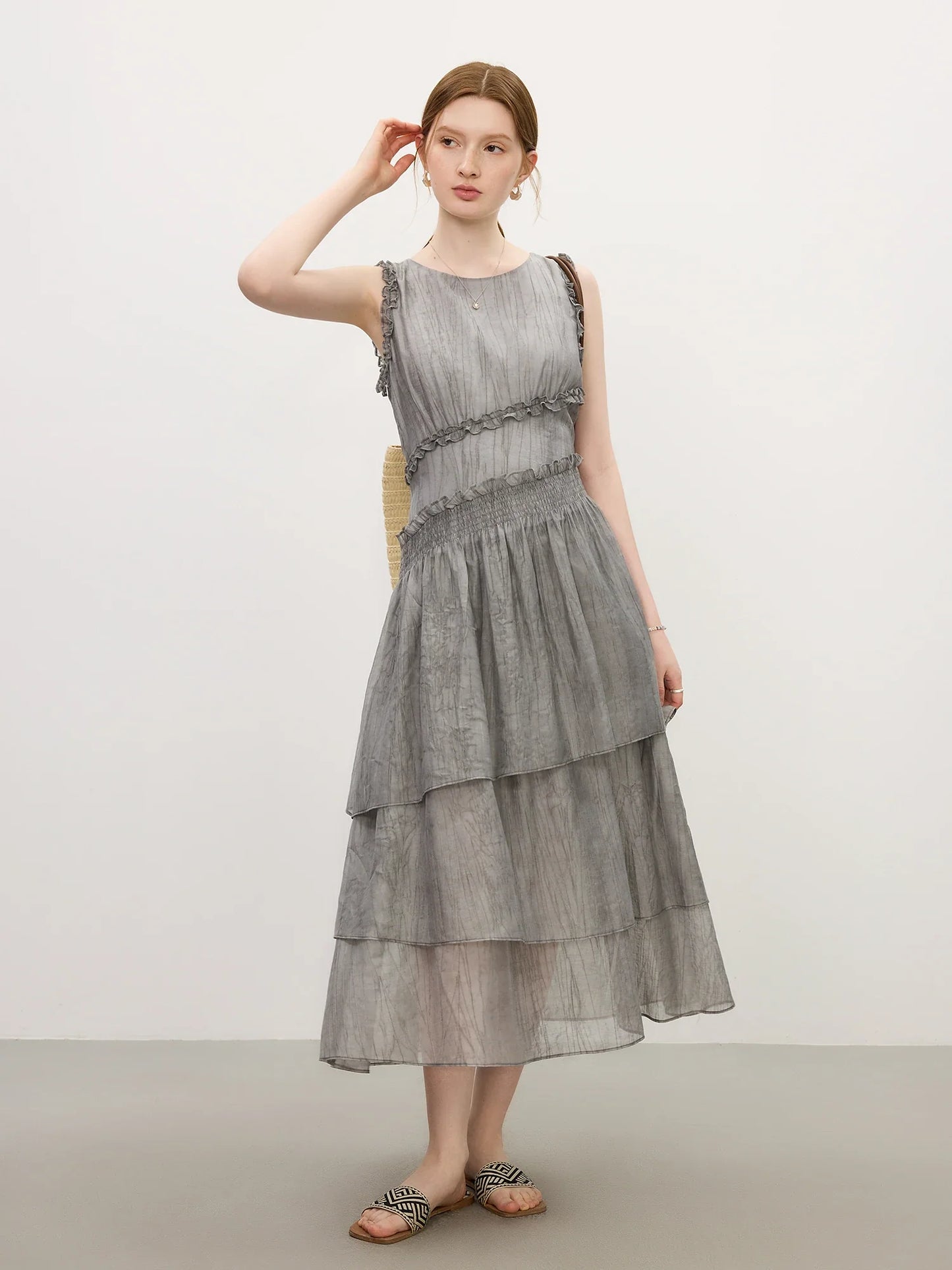 Summer 2025 Textured Pleat Dress - Fluid Asymmetric Hem Sleeveless Resort to Office Elegant Silhouette