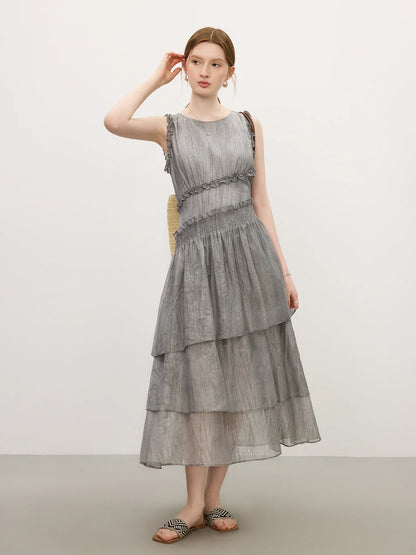 Summer 2025 Textured Pleat Dress - Fluid Asymmetric Hem Sleeveless Resort to Office Elegant Silhouette