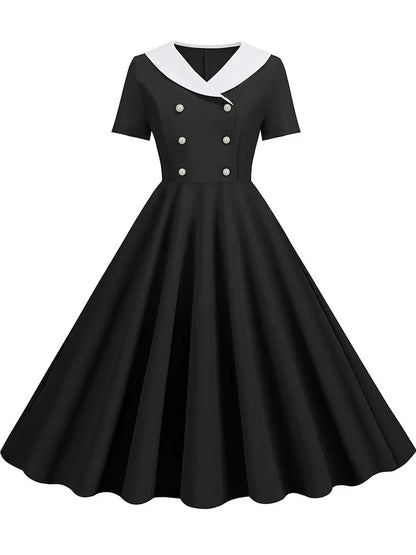 Summer Midi Dress Women Elegant Pink Vintage Party Sundress Casual Peter pan Collar Short Sleeve Dress