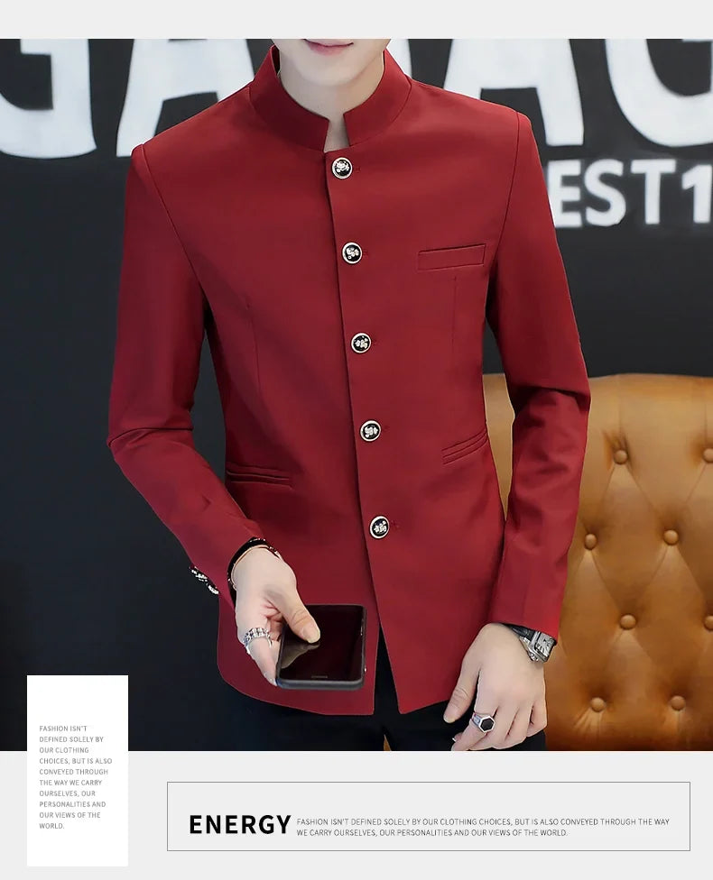 2024 Men's Slim Fit Long Sleeve Casual Suit Korean Trend Stand Collar Fashion Handsome Male Suit