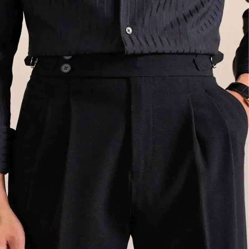 2025 New Italian Style Double Pleated Neapolitan Mens Formal Pants Casual Business Straight Leg High Waist Office Trousers Men
