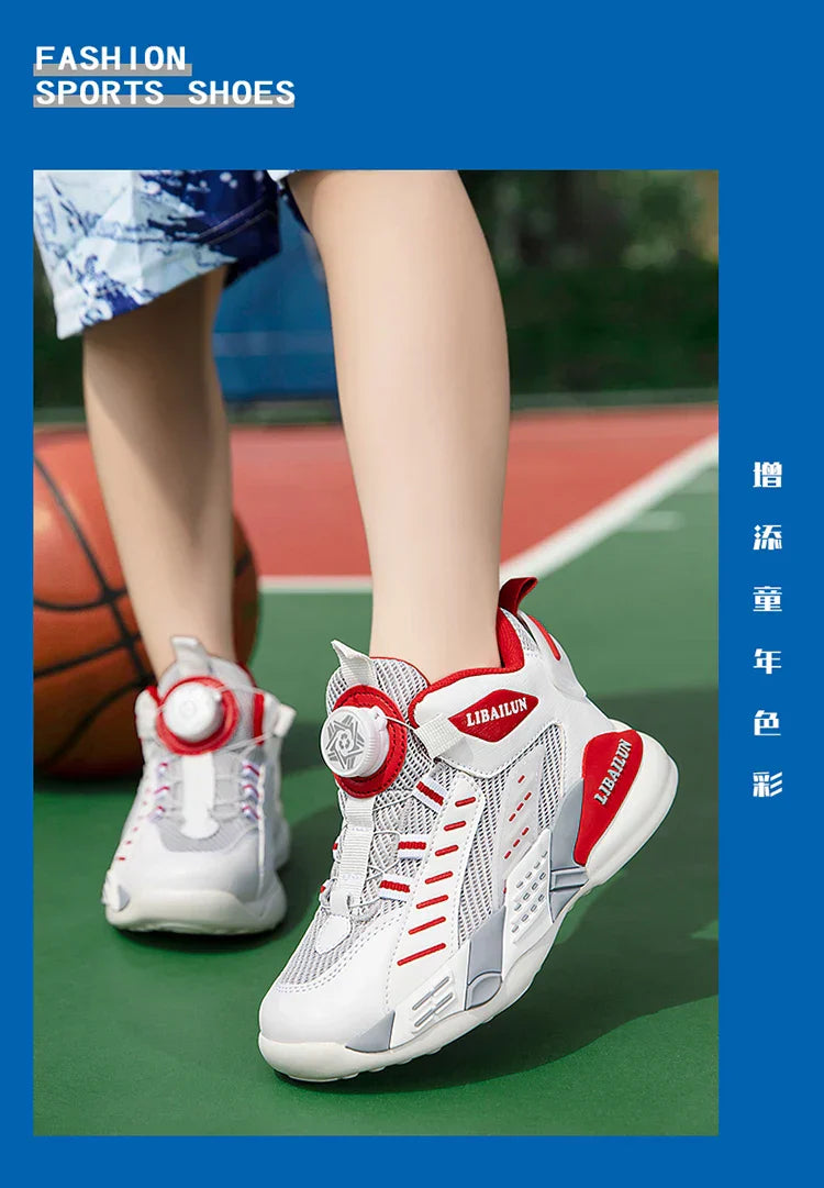 New Children Basketball Shoes Swivel Button Boys Fashion Sneakers Girls School Sport Shoes Kids Casual Trainers Outdoor Shoes